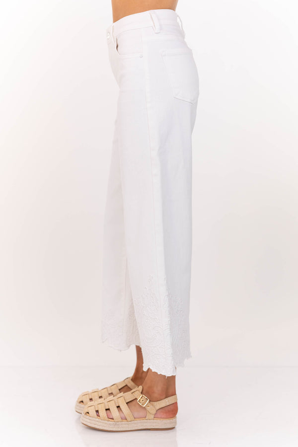 Charmed Cream Embroidered Wide Leg Jeans