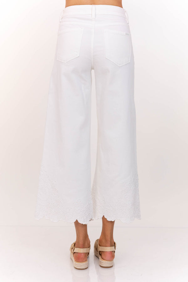 Charmed Cream Embroidered Wide Leg Jeans