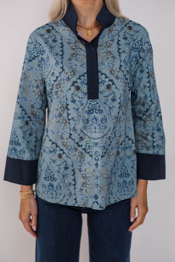 Sunday Brunch Blue Ditsy Floral Blouse