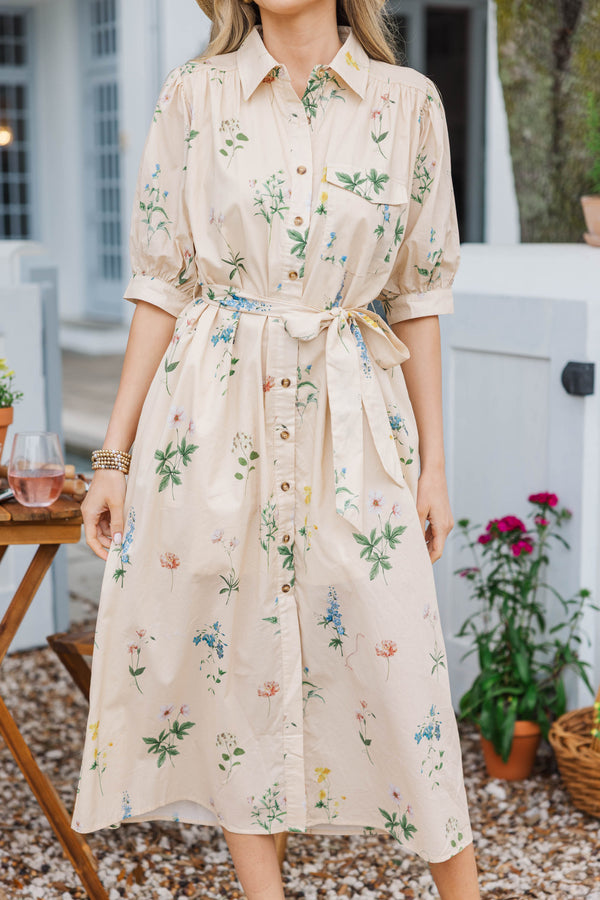 Whispering Blooms Cream Floral Midi Dress