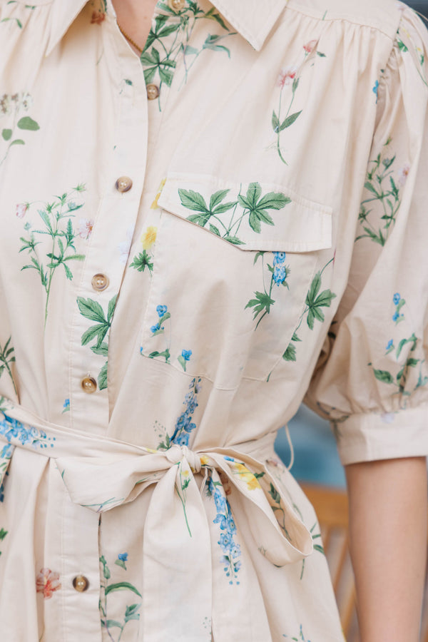 Whispering Blooms Cream Floral Midi Dress