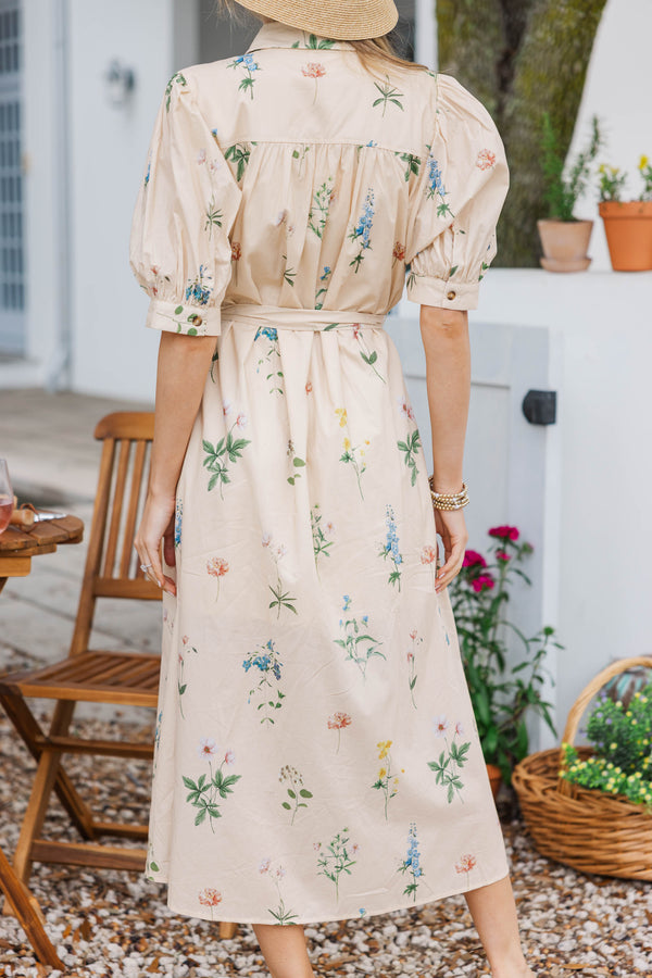 Whispering Blooms Cream Floral Midi Dress