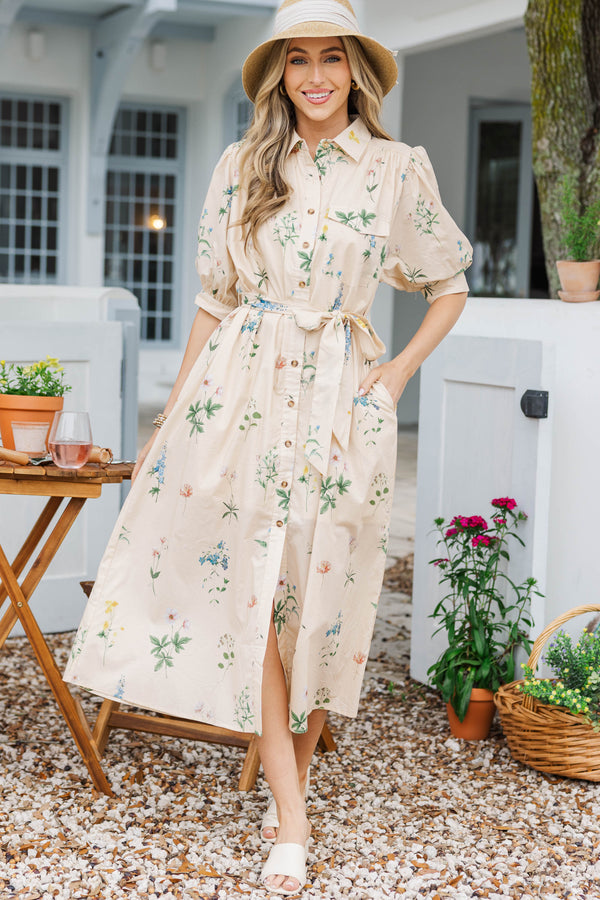 Whispering Blooms Cream Floral Midi Dress