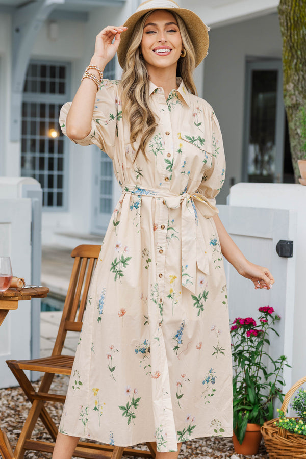 Whispering Blooms Cream Floral Midi Dress