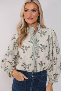 Wildflower Wishes Olive Green Floral Blouse