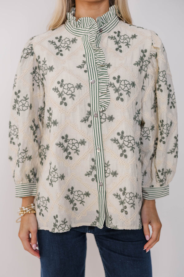 Wildflower Wishes Olive Green Floral Blouse