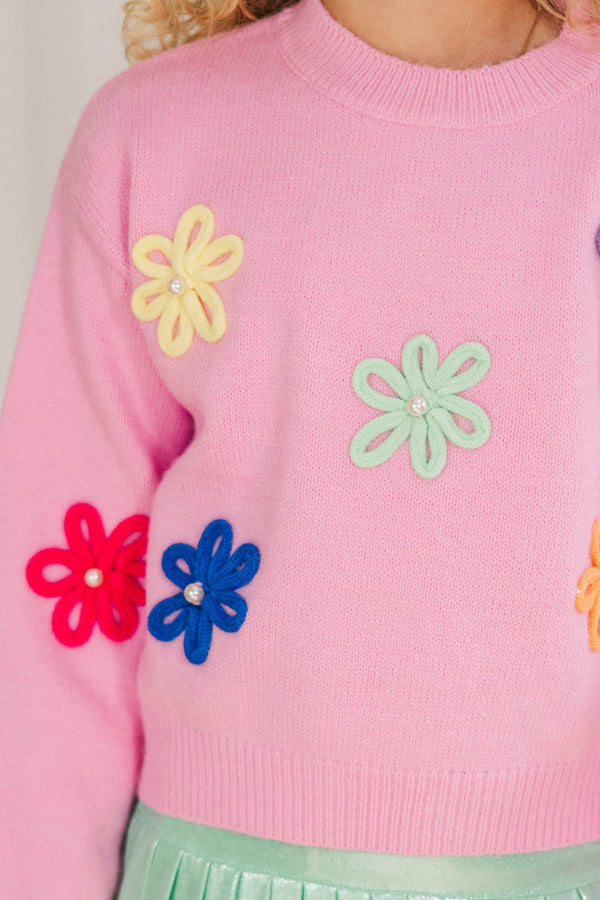 Girls: Feeling Just Fine Pink Floral Sweater