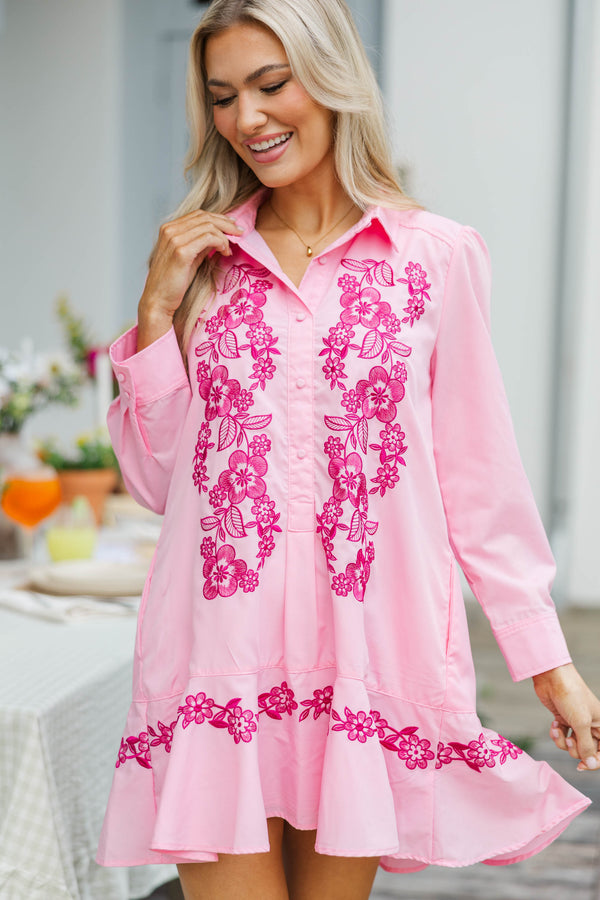 Share Your Story Pink Embroidered Shirt Dress