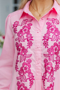 Share Your Story Pink Embroidered Shirt Dress