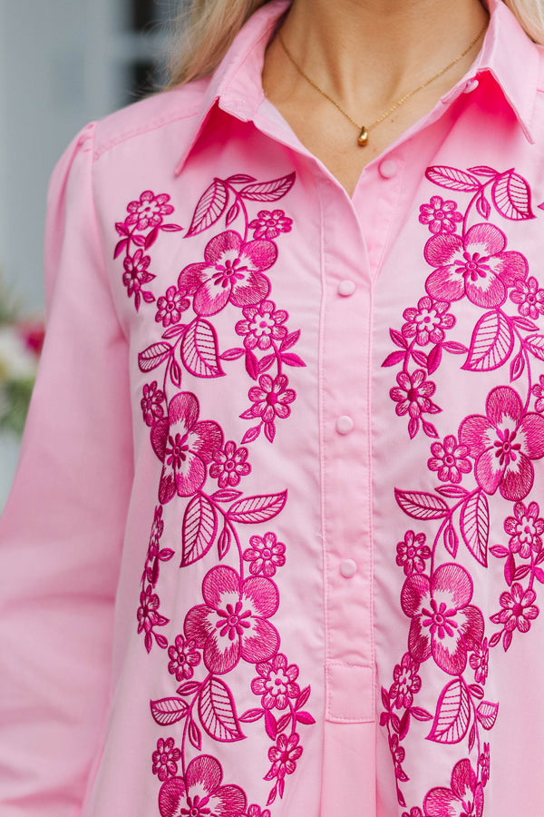 Share Your Story Pink Embroidered Shirt Dress
