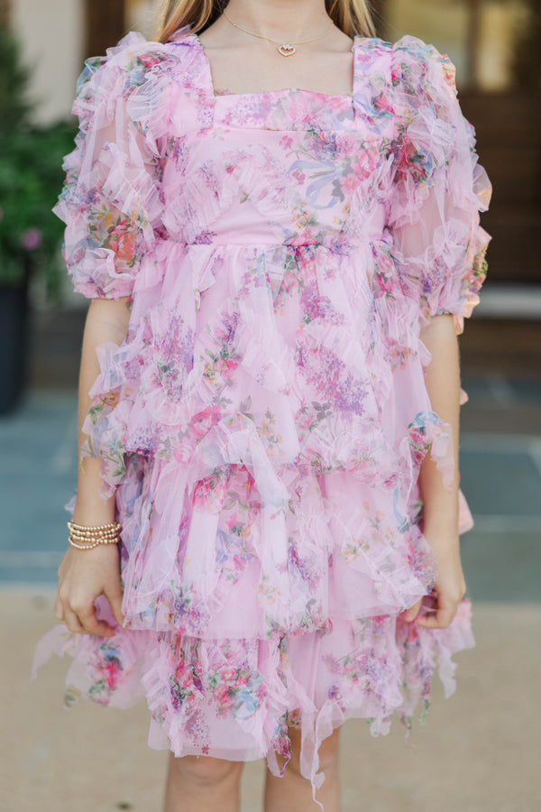 Girls: PREORDER: The Scarlett Pink Ditsy Floral Tulle Dress