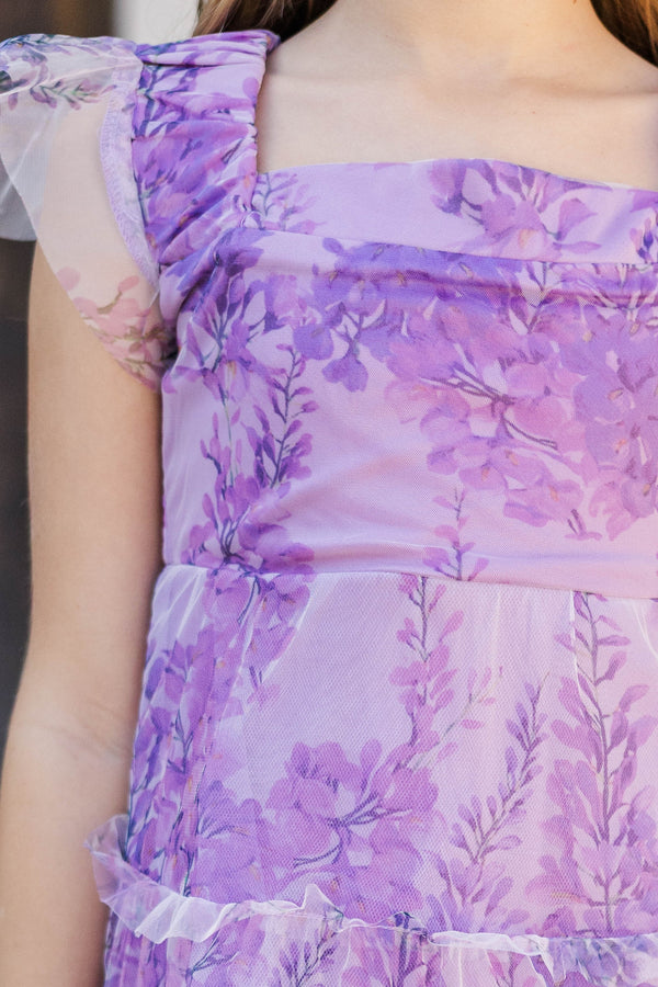 Girls: Think About It Purple Floral Tulle Midi Dress