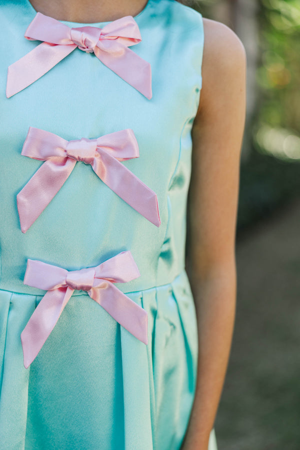 blue dress with pink bow Light Blue Dress, with a pink bow and belt