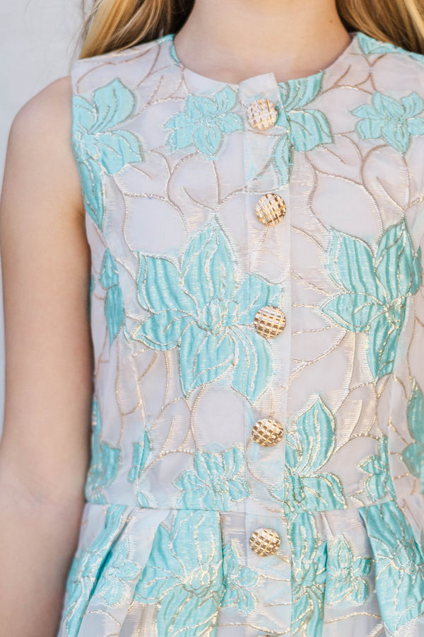 Girls: The Sady Aqua Blue Brocade Dress