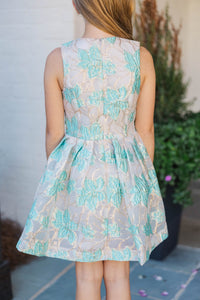 Girls: The Sady Aqua Blue Brocade Dress