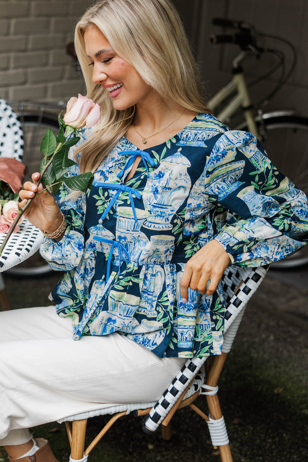 Great Days Ahead Navy Chinoiserie Blouse