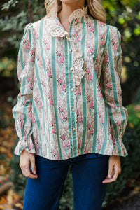 So True Green Floral Trim Blouse
