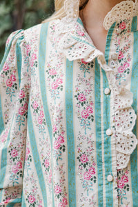 So True Green Floral Trim Blouse