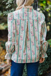 So True Green Floral Trim Blouse