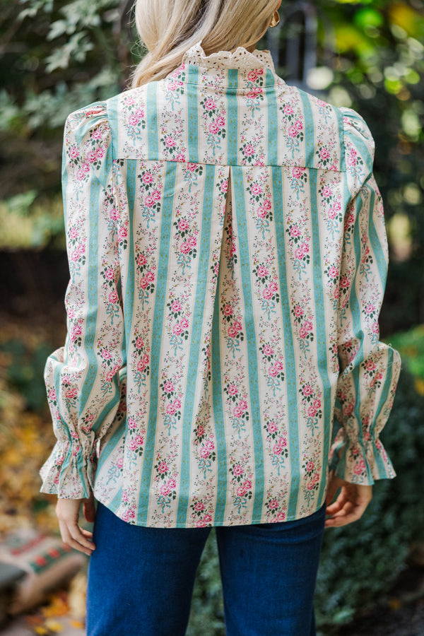 So True Green Floral Trim Blouse