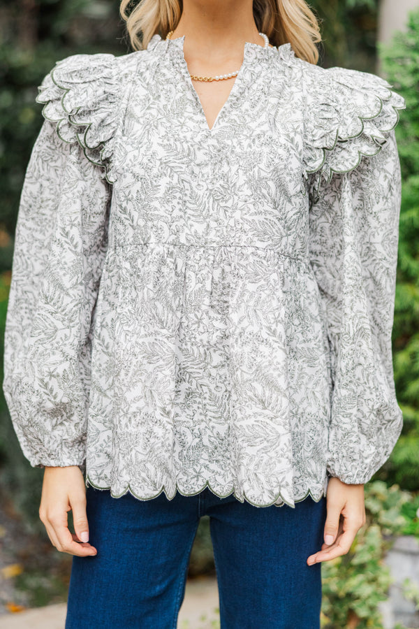 My Sweet Side Olive Toile Scalloped Blouse