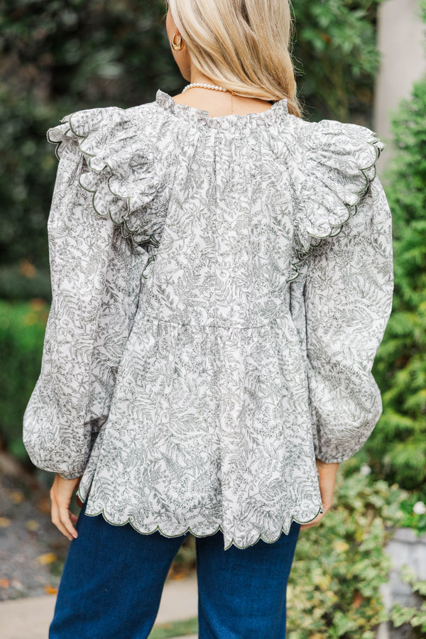 My Sweet Side Olive Toile Scalloped Blouse
