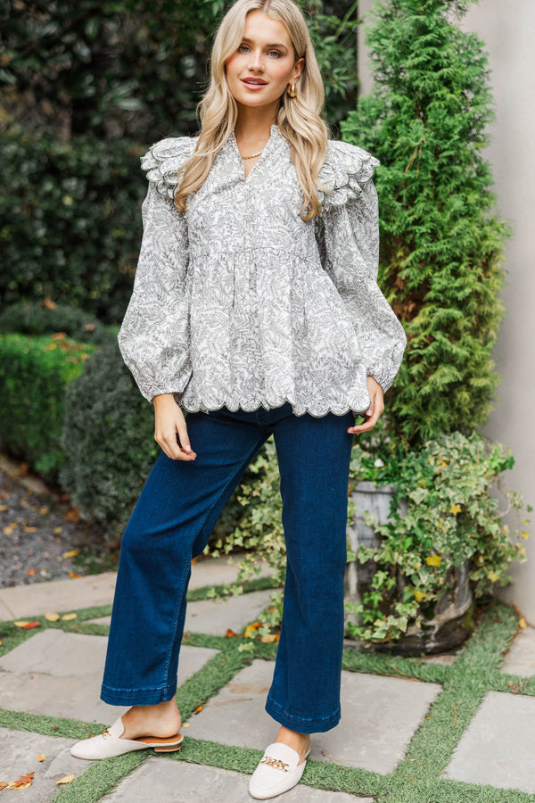 My Sweet Side Olive Toile Scalloped Blouse