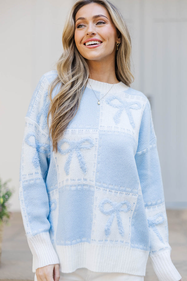 Just Too Good Light Blue Bow Checkered Sweater