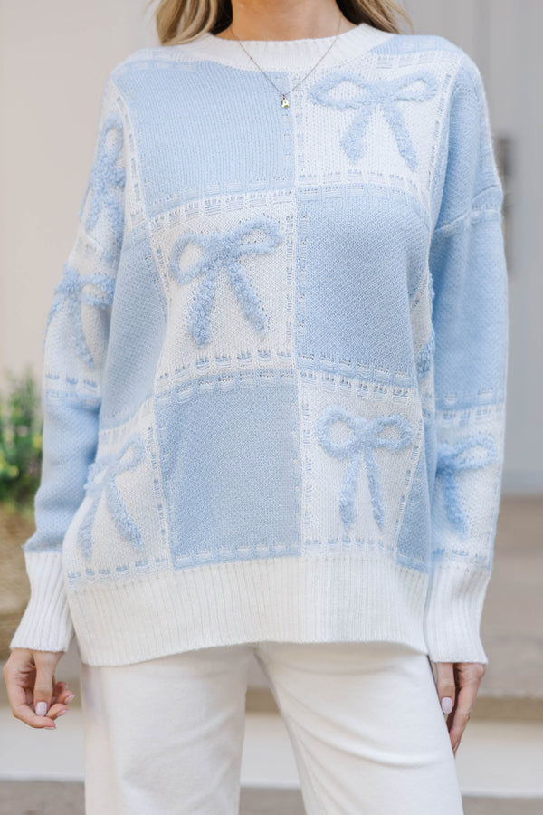 Just Too Good Light Blue Bow Checkered Sweater