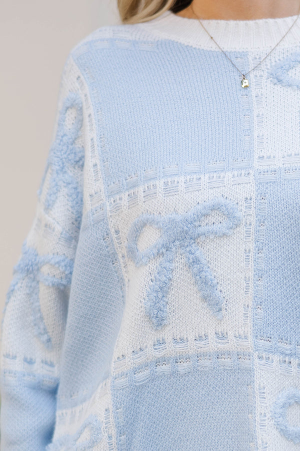 Just Too Good Light Blue Bow Checkered Sweater