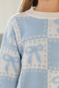 Girls: A Vintage Look Light Blue Bow Detail Sweater