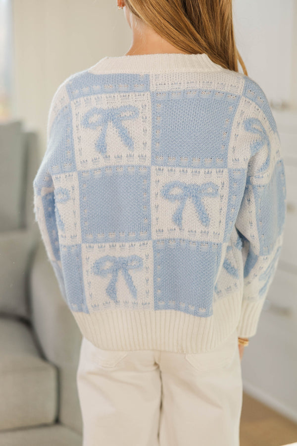 Girls: A Vintage Look Light Blue Bow Detail Sweater
