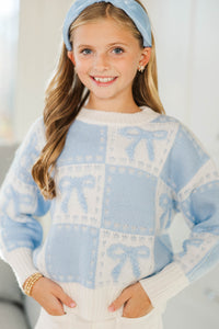 Girls: A Vintage Look Light Blue Bow Detail Sweater