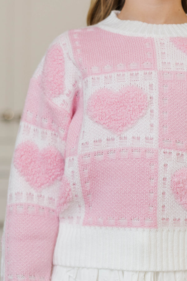 Girls: A Vintage Look Pink Hearts Sweater