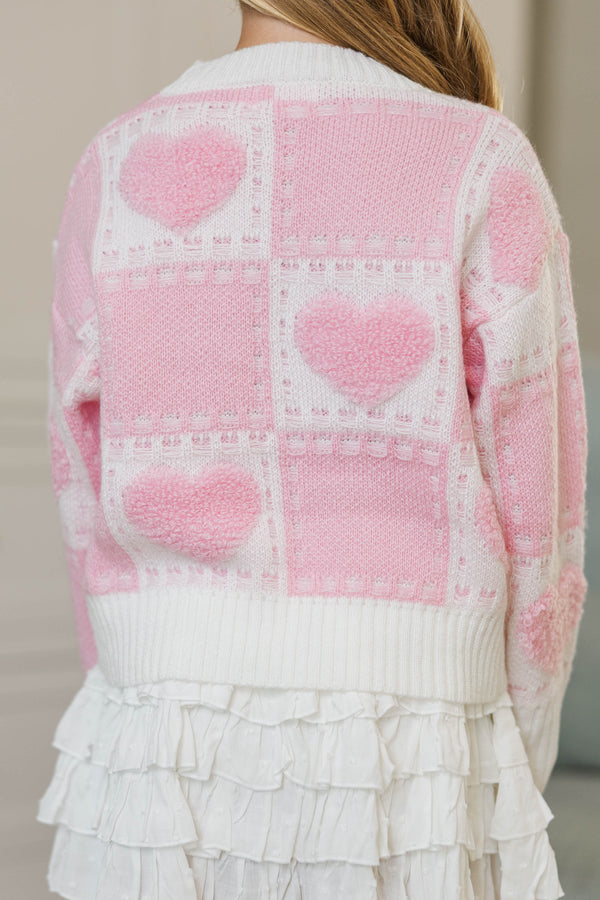 Girls: A Vintage Look Pink Hearts Sweater