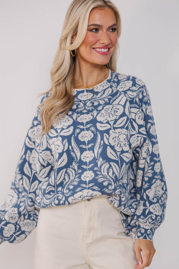 On The Way Blue Floral Sweater
