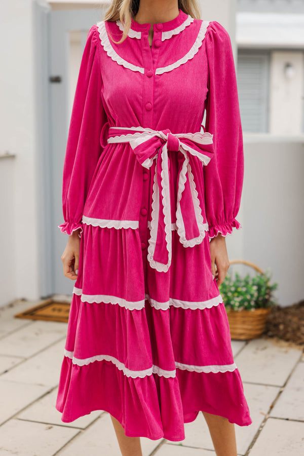 So In Love Fuchsia Scalloped Midi Dress