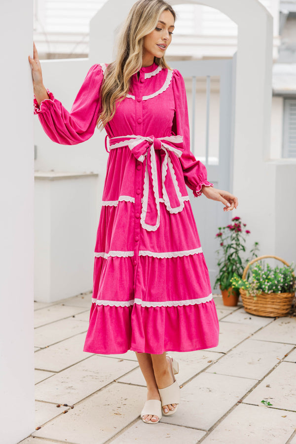 So In Love Fuchsia Scalloped Midi Dress