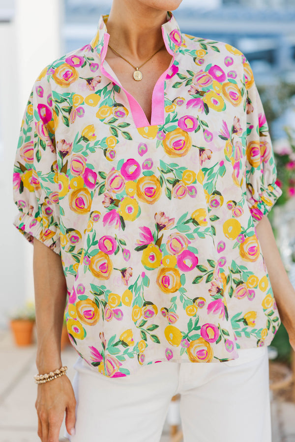 Way Back When Pink & Yellow Floral Blouse