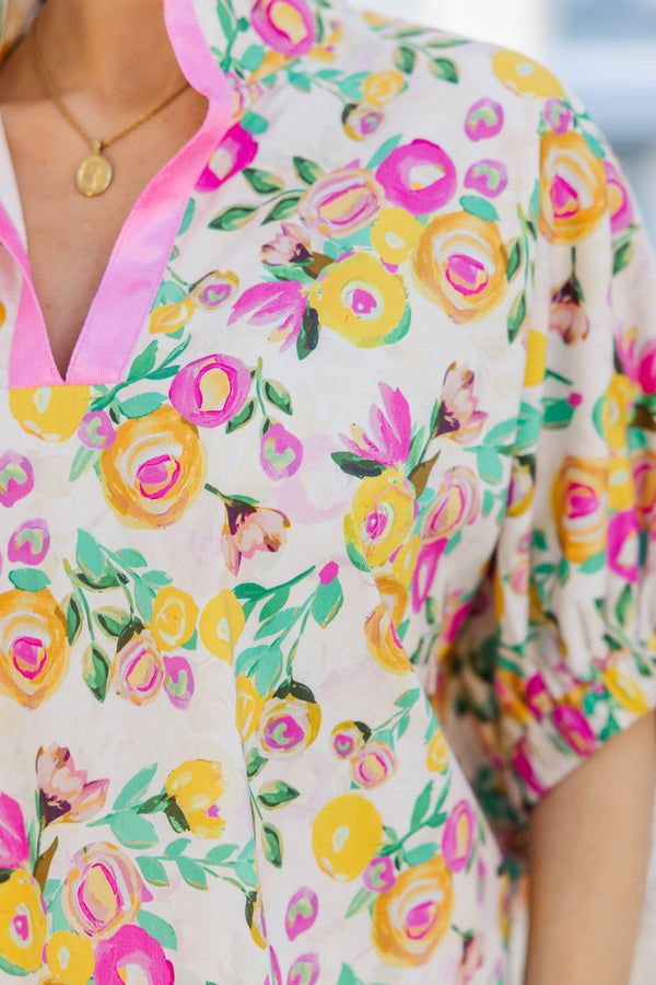 Way Back When Pink & Yellow Floral Blouse