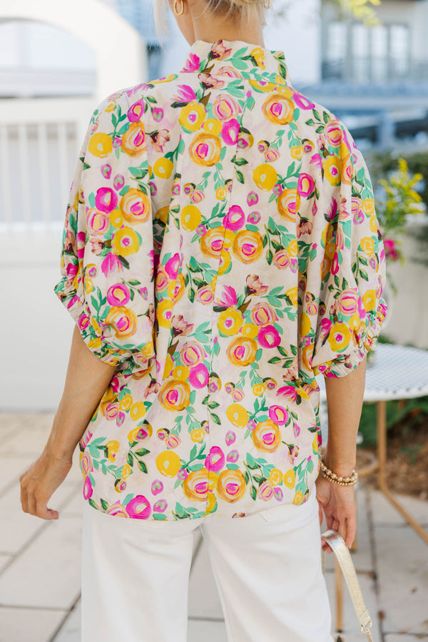 Way Back When Pink & Yellow Floral Blouse
