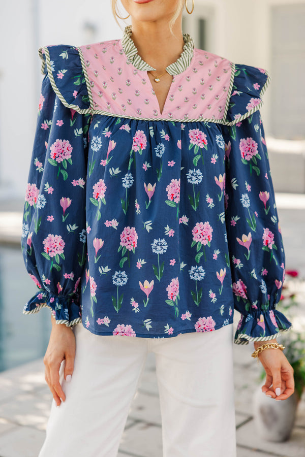 Do It All Navy and Pink Floral Blouse