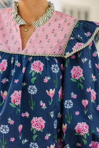 Do It All Navy and Pink Floral Blouse