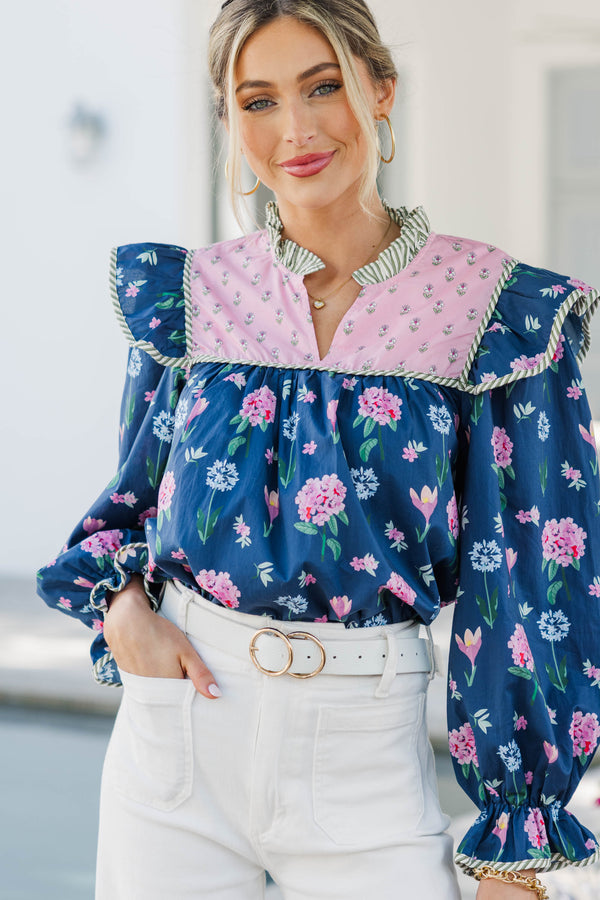 Do It All Navy and Pink Floral Blouse