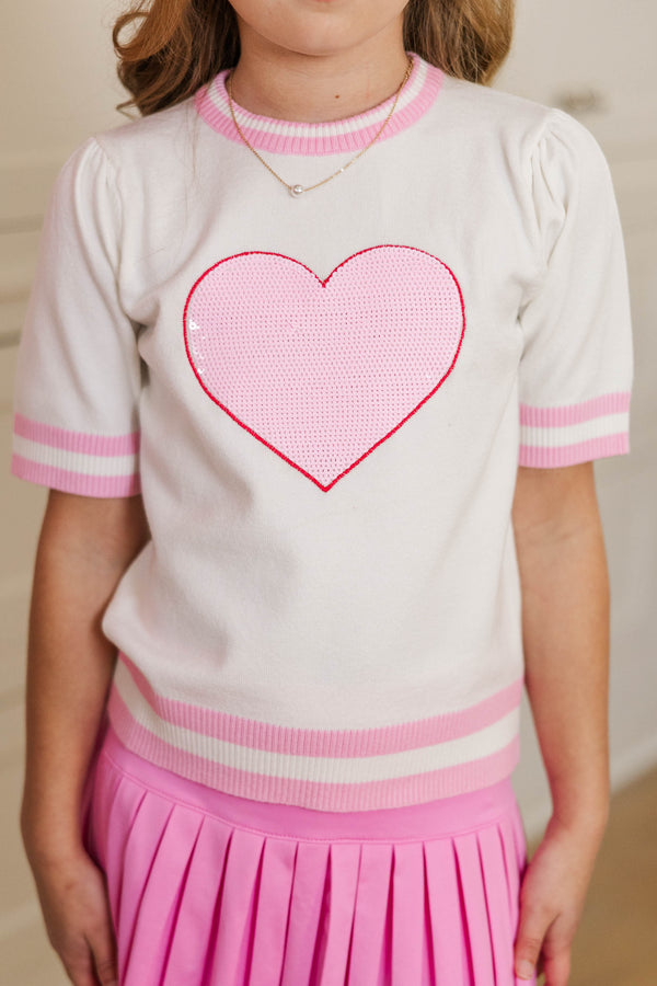 Girls: Stay In Character White & Pink Sequin Heart Sweater