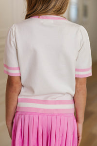 Girls: Stay In Character White & Pink Sequin Heart Sweater