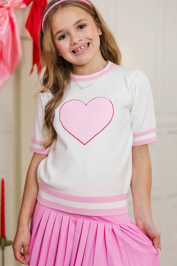 Girls: Stay In Character White & Pink Sequin Heart Sweater