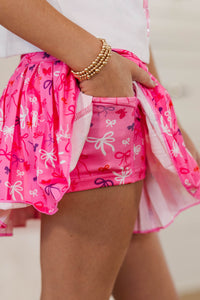 Girls: The Sadie Pink Multi Bow Print Skort