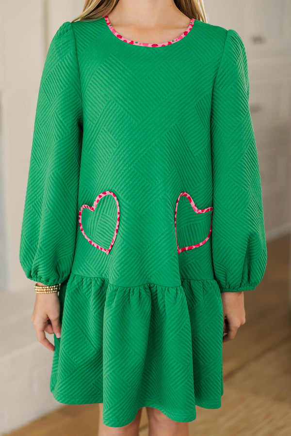 Girls: Happy Heart Green Heart Pocket Dress