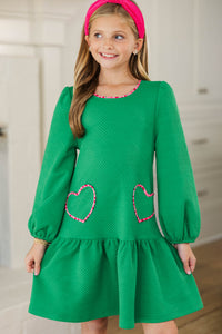Girls: Happy Heart Green Heart Pocket Dress